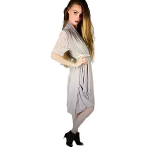 GRAY - Goddess pocket dress lace sleeves and  tie.